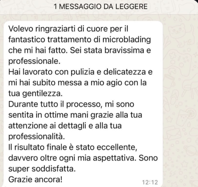 Recensione WhatsApp: trattamento di microblading professionale e risultato eccellente